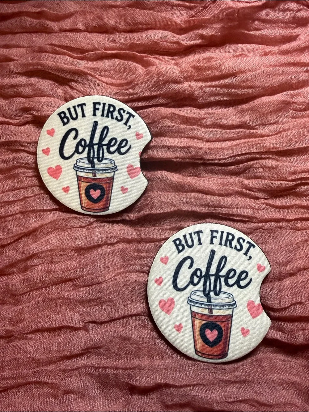 But First, Coffee Round Car Coasters - Pink Heart Design